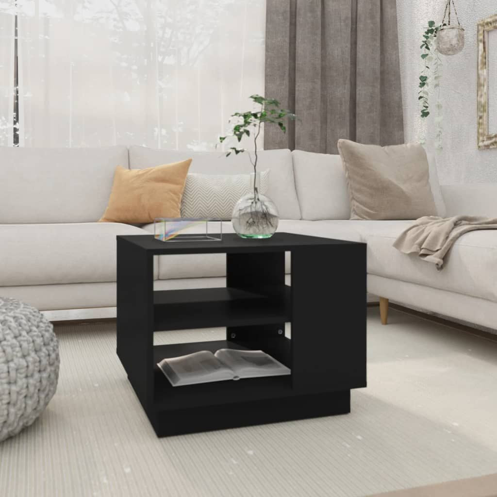 Black engineered-wood square coffee table with an open lower shelf in a modern living room.