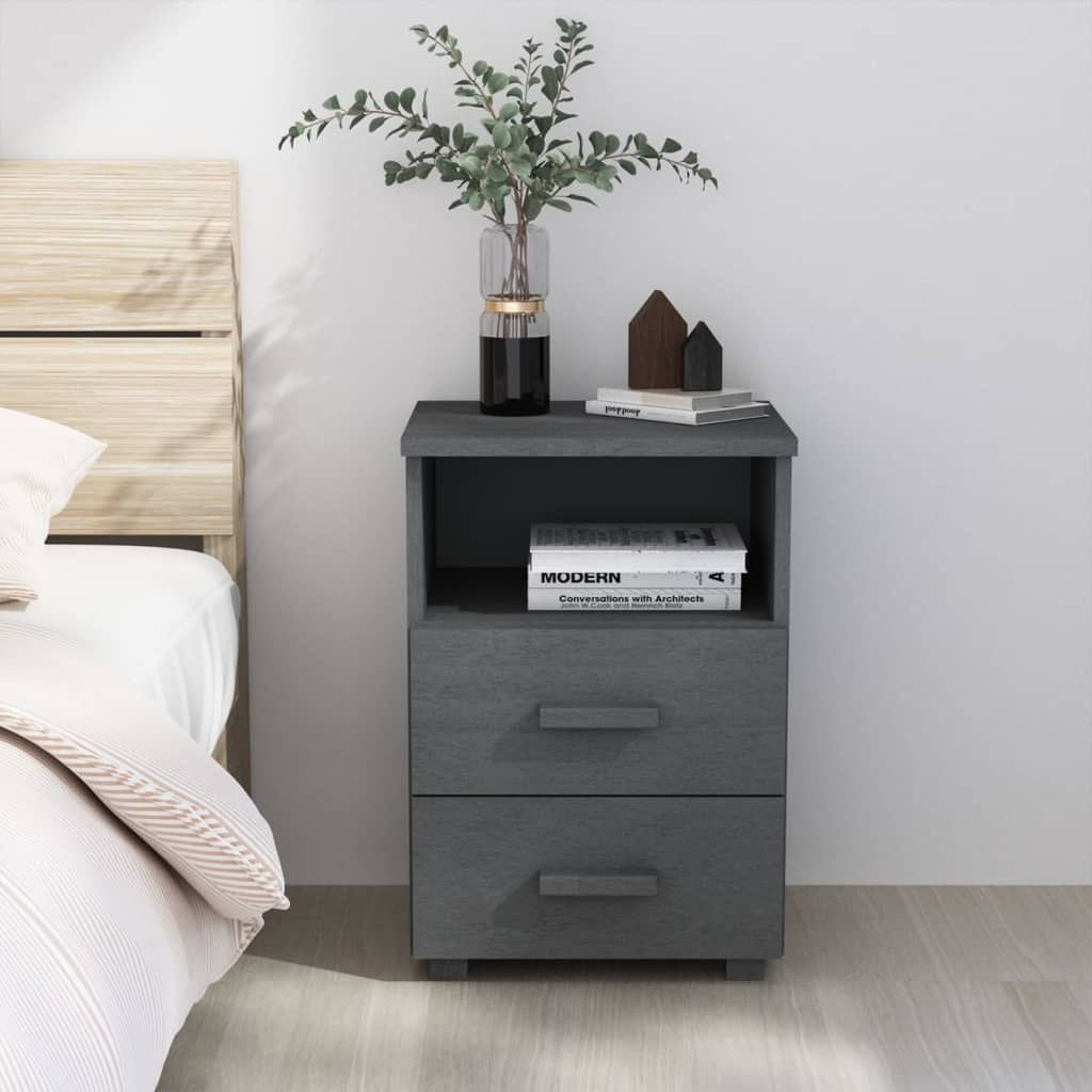 Bedside cabinet in dark grey solid pine and MDF with open shelf and two drawers