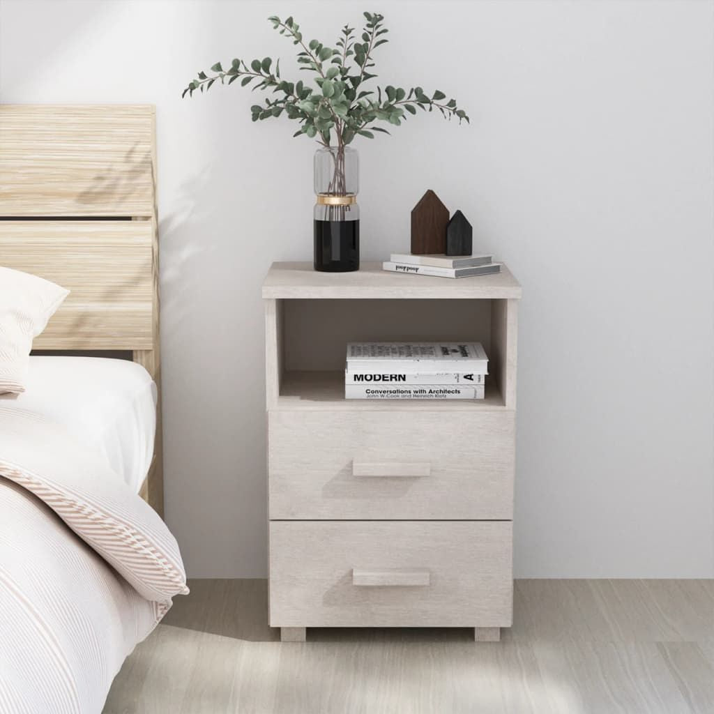 Bedside cabinet white solid pine wood MDF, compact with open shelf and two drawers