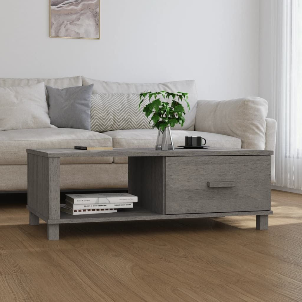 Coffee table in light grey wood finish, solid pine and MDF; rectangular with open shelf and single drawer