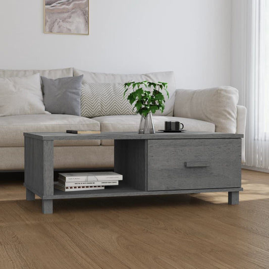 Coffee table in dark grey finish, solid pinewood and MDF, with a drawer and open lower shelf
