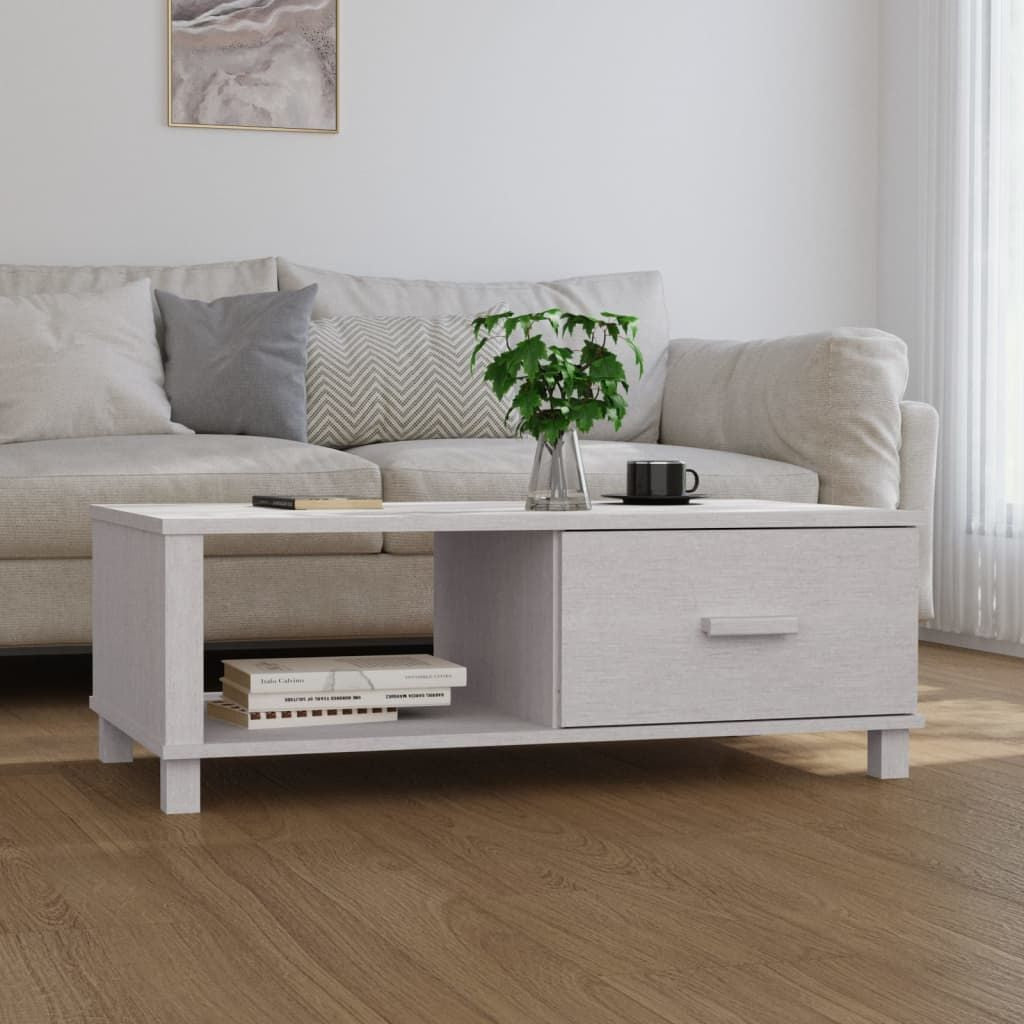 Coffee table in white with solid pine wood and MDF, medium size, storage drawer and lower shelf