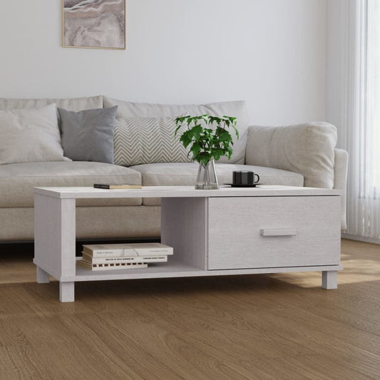 Coffee table in white with solid pine wood and MDF, medium size, storage drawer and lower shelf