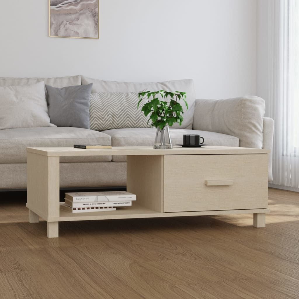 Honey brown coffee table of solid pinewood with MDF top, featuring a right-side drawer and open lower shelf