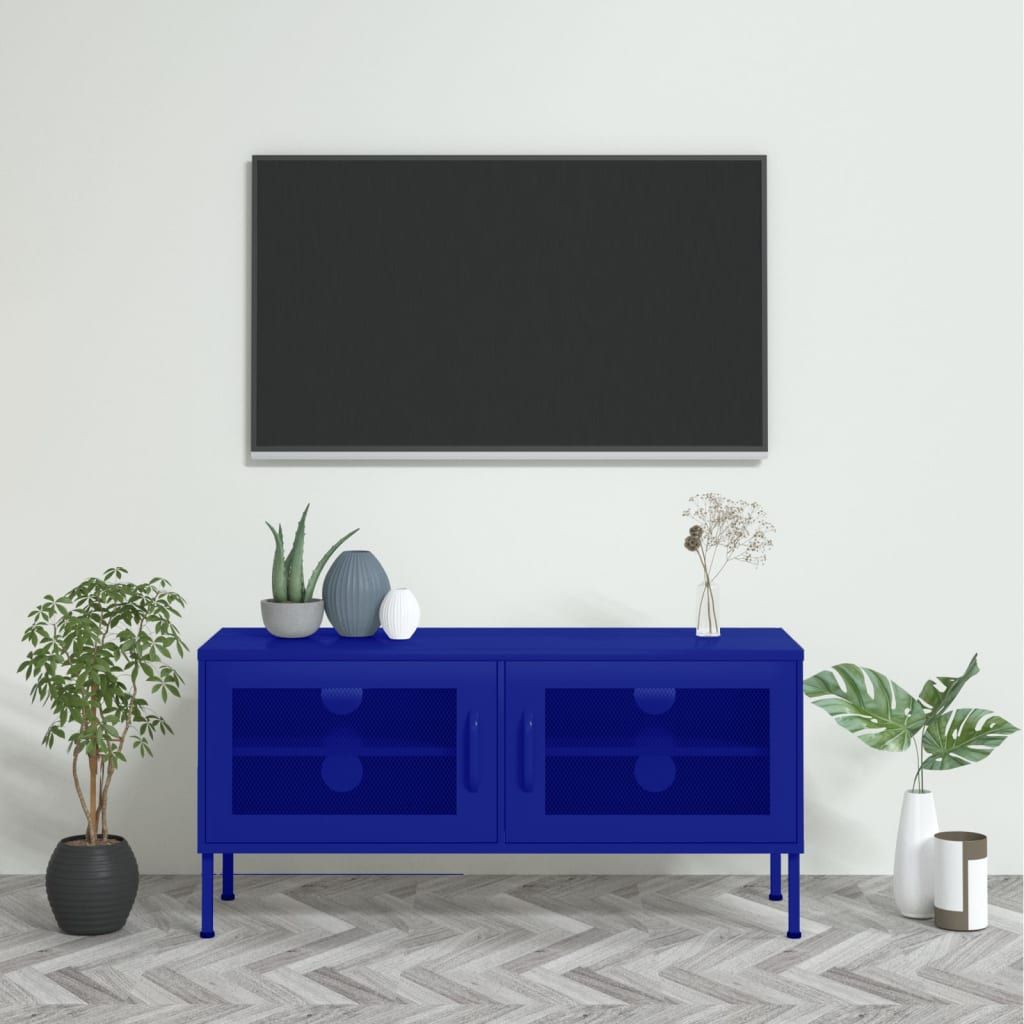 Navy blue steel TV cabinet, medium rectangular with two mesh-panel doors in industrial style on slim legs