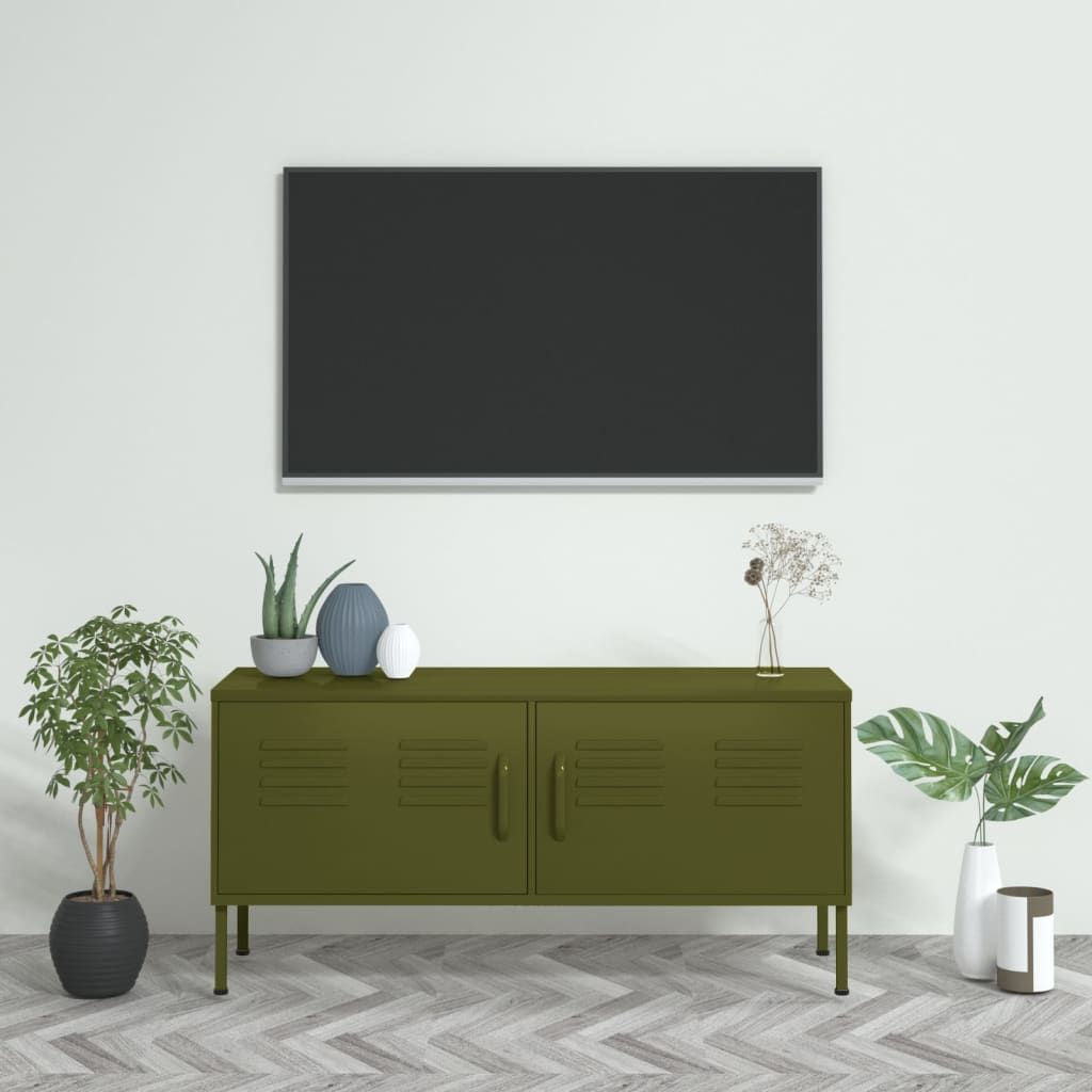 Olive green steel TV cabinet, two-door vented panels, 41.3 in W x 13.8 in D x 19.7 in H