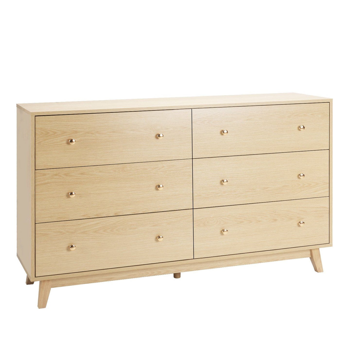 6-drawer wooden dresser in natural wood finish with gold knobs