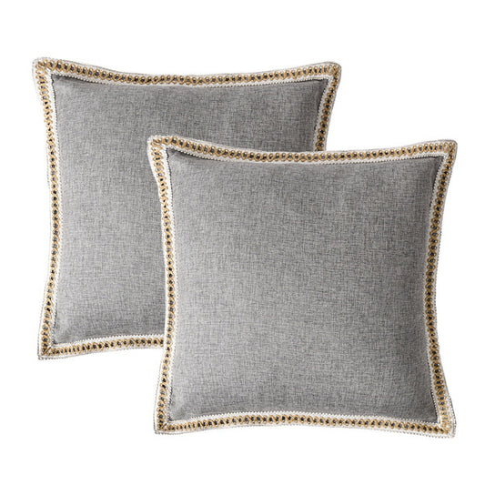 Set of 2 grey throw pillow covers with vintage linen trim and gold-tone nailhead edging, 20x20