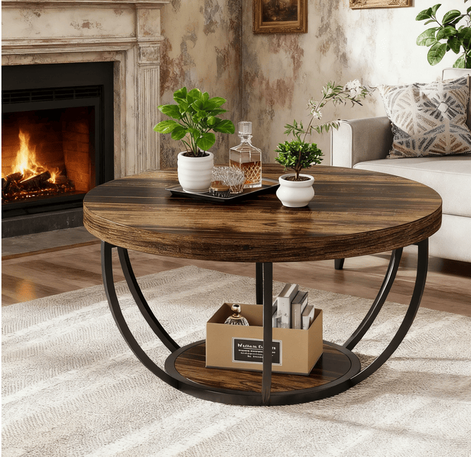 Coffee table by Doba, round wood top with black metal circular legs, living room with plants.