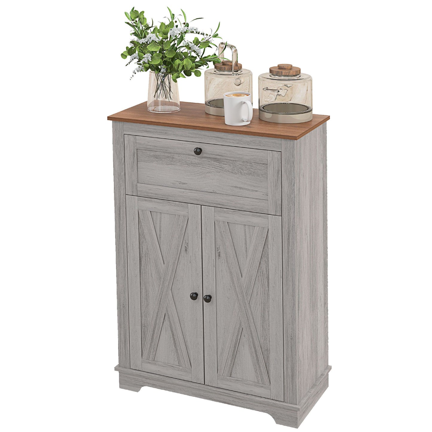 Farmhouse light gray sideboard storage cabinet with doors and a drawer, wooden top, with glass canisters and a vase