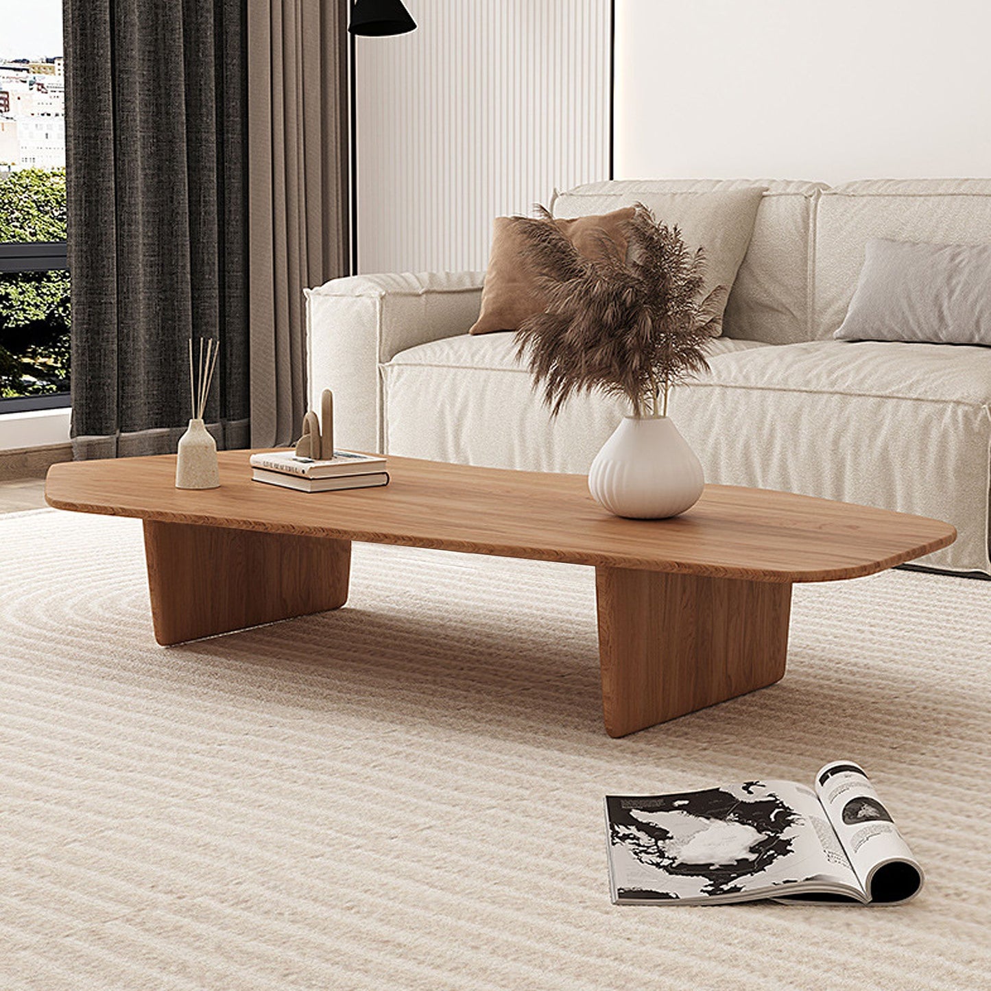 47.2-inch irregular solid wood coffee table with natural wood finish