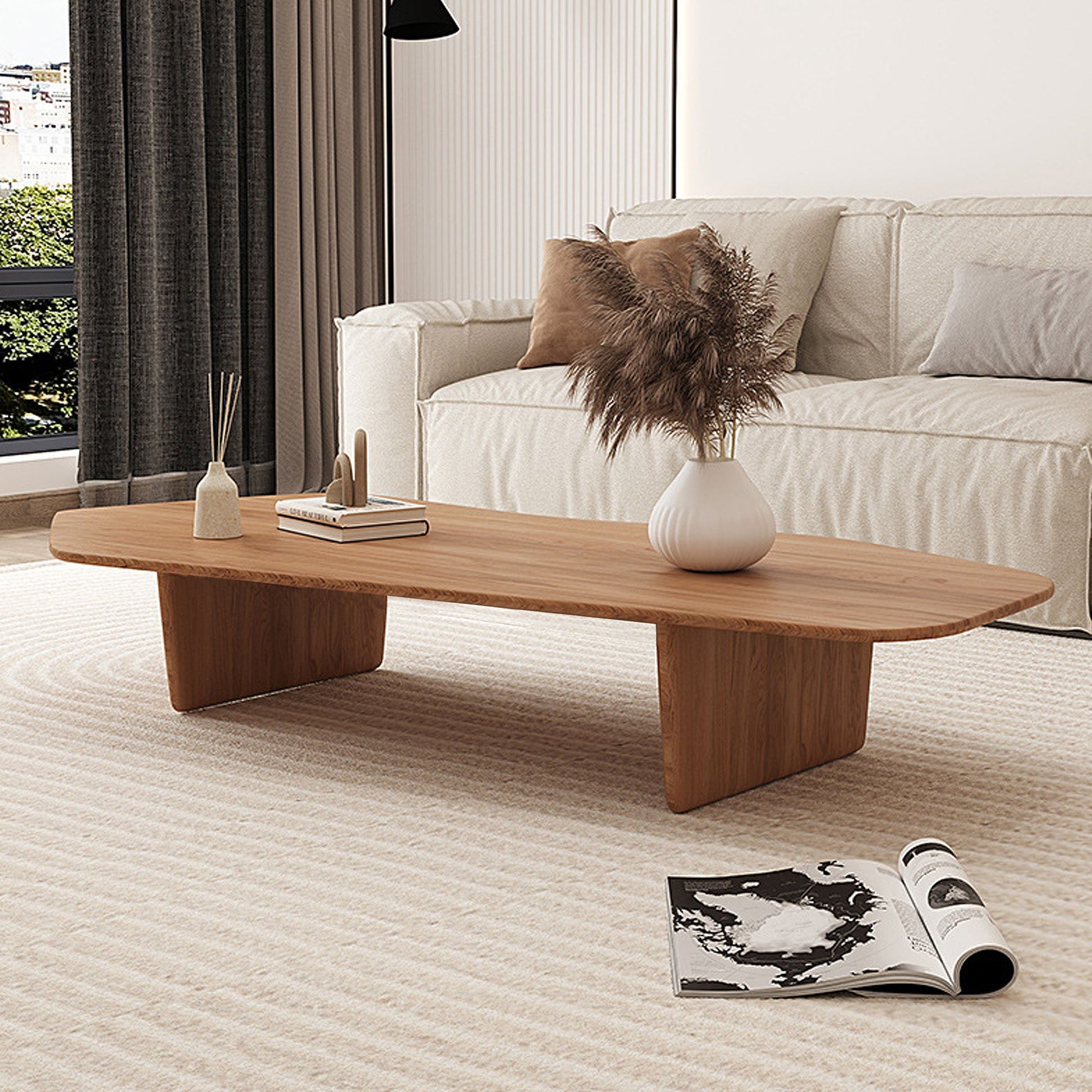 47.2-inch irregular solid wood coffee table with natural wood finish