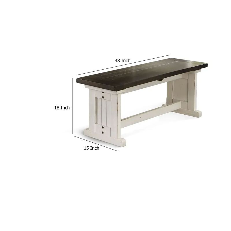 Orso Side Dining Bench, Plank Seat, Off White and Brown Wood 48 Inch