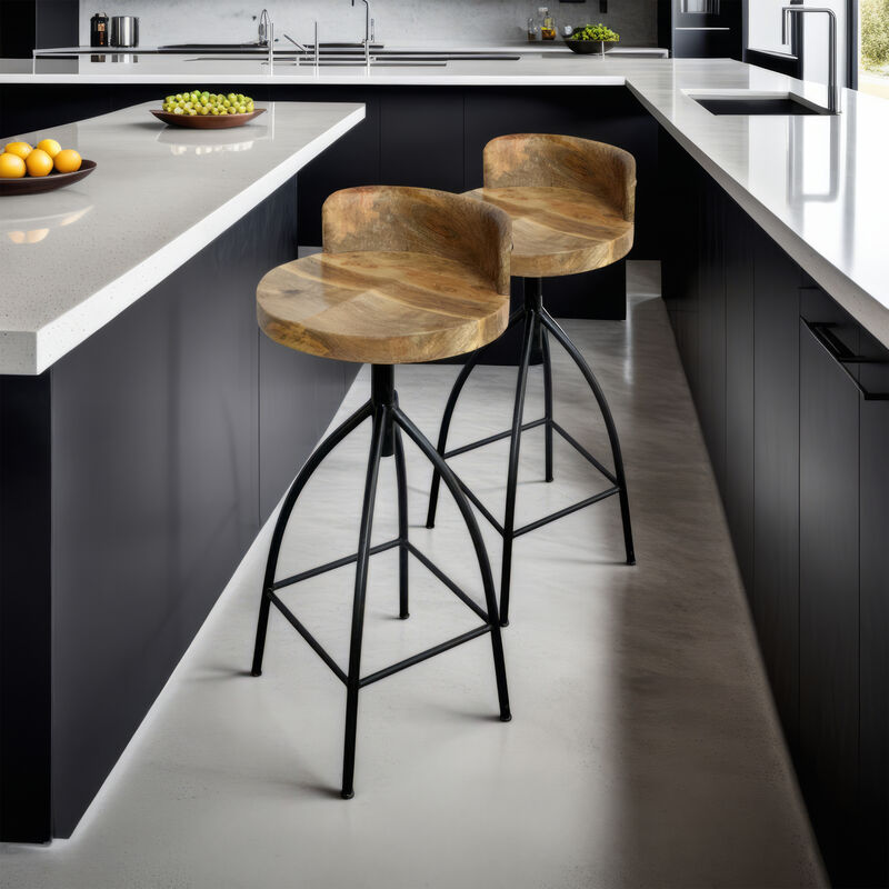 Pia 32-35 Extra Tall Adjustable Barstool, Natural Brown Mango Wood Seat, Black Iron Frame