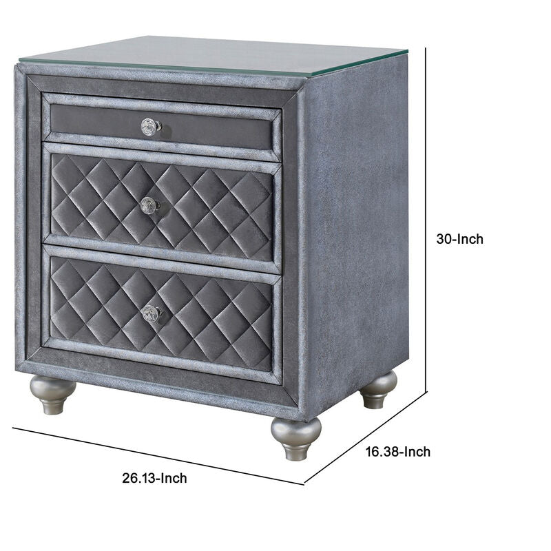 Rall 30 Inch 3 Drawer Nightstand, Glass Top, Crystal Knobs, Gray Velvet