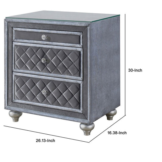 Rall 30 Inch 3 Drawer Nightstand, Glass Top, Crystal Knobs, Gray Velvet