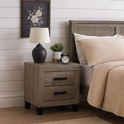 Rachy Nightstand, 2 Drawers with Black Metal Handles, Farmhouse Light Gray