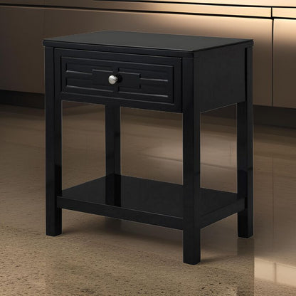 Fimo 27 Inch Nightstand with Drawer and Shelf, Glass Top, Modern Black Wood