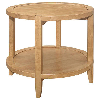 Camilia Side End Table, 23 Inch Round Top, 1 Shelf, Natural Brown