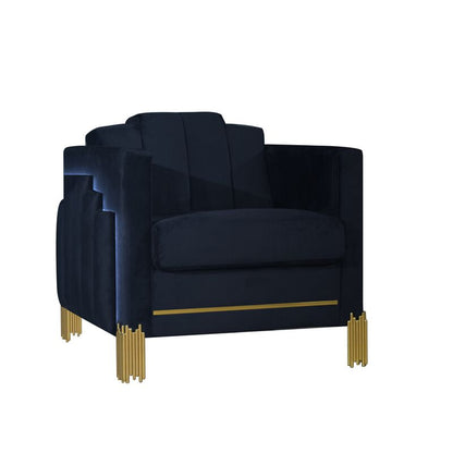 Theo Accent Chair, Black Velvet, Blue LED Lights, Gold Metal Legs