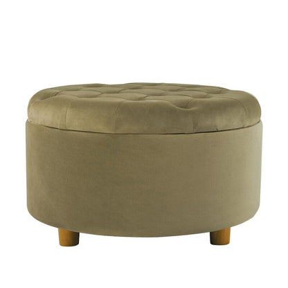 Jo Storage Ottoman, 28 Inch Round Tufted Lift Top, Sage Green Velvet