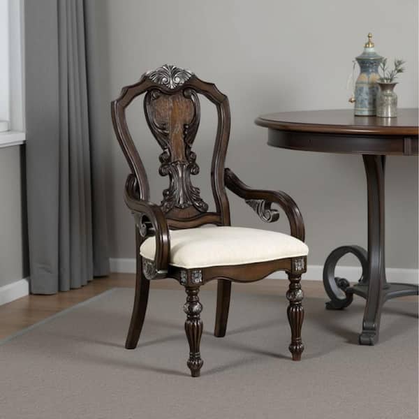 Naddy Dining Armchair Set of 2, Ornate Corbels, Dark Brown Solid Wood