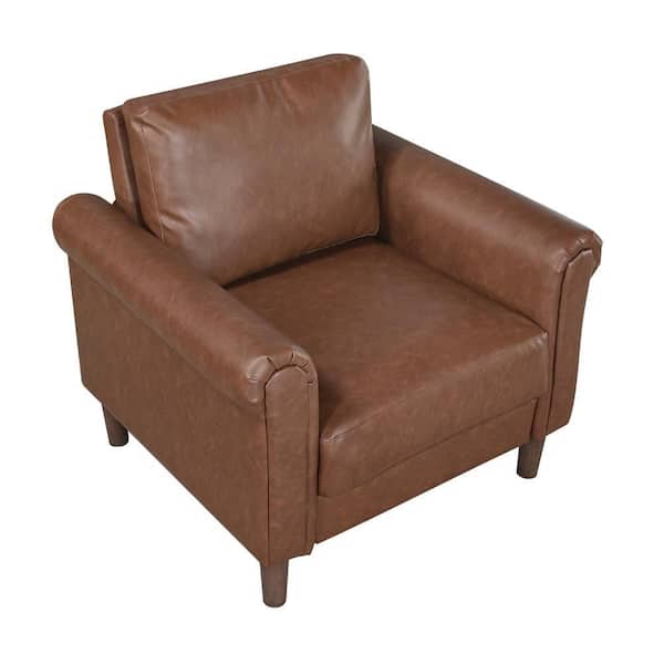 Lo Accent Armchair w Rolled Arms, Mid Century Brown Faux Leather
