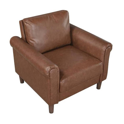 Lo Accent Armchair w Rolled Arms, Mid Century Brown Faux Leather