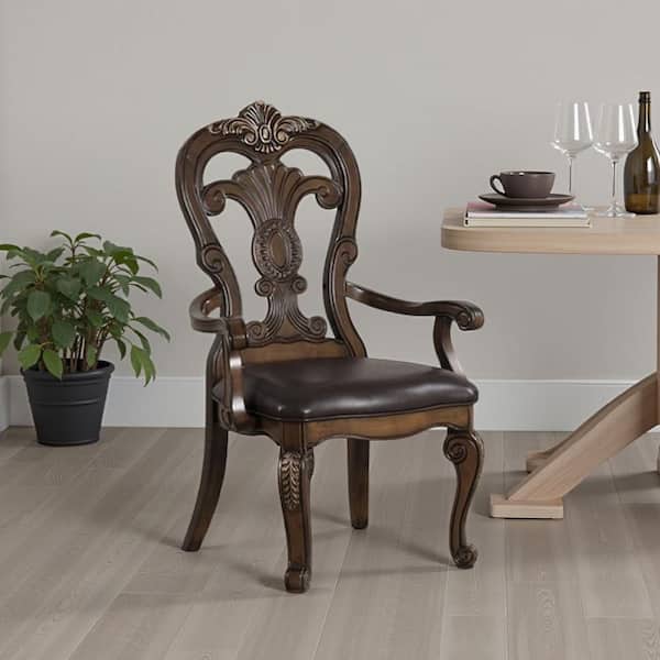 Leova Armchair Set of 2, Ornate Corbels, Dark Brown Wood, Faux Leather