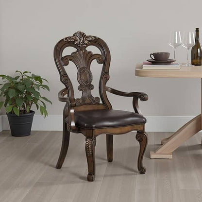 Leova Armchair Set of 2, Ornate Corbels, Dark Brown Wood, Faux Leather