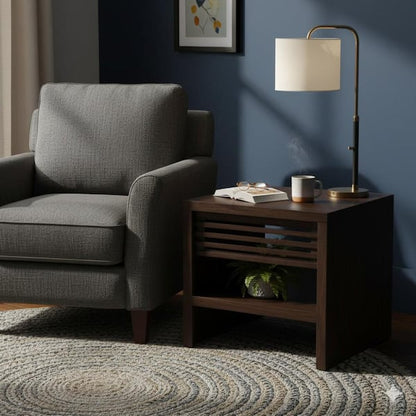 Nero Chair Side Table, Slatted Drawer Front, 26 Inch Solid Wood Dark Brown