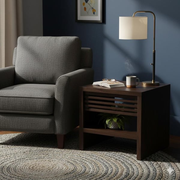 Nero Side End Table, Slatted Drawer, 26 Inch Solid Wood Dark Brown