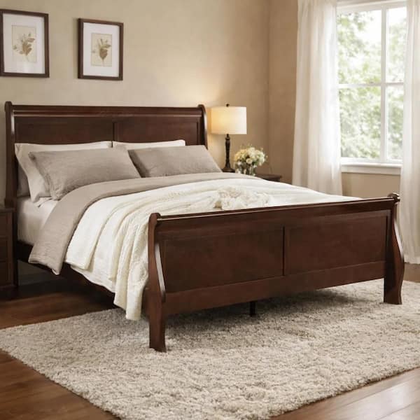 Ryla Twin Size Bed, Sleigh Panel Headboard, Dark Cherry Brown Solid Wood