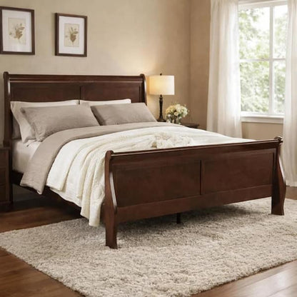 Ryla Twin Size Bed, Sleigh Panel Headboard, Dark Cherry Brown Solid Wood