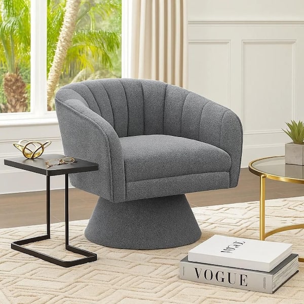 Shea Swivel Accent Chair, Beige Boucle Fabric, Channel Stitched