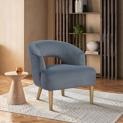 Hery Accent Chair, Barrel Back, Gray Upholstery, Solid Acacia Wood