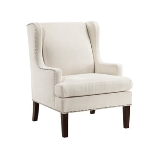 Rossana Accent Wing Armchair, Beige Polyester, Brown Wood, Nailhead