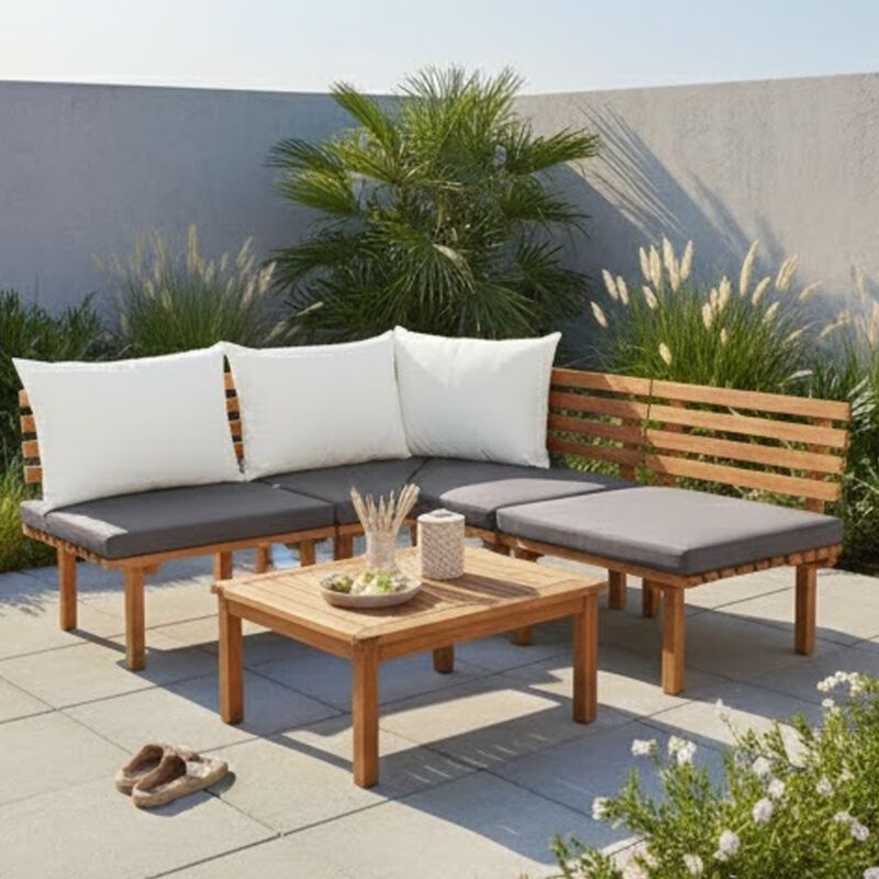 Roma Outdoor Modular Corner Chair, White Fabric, Solid Acacia Wood