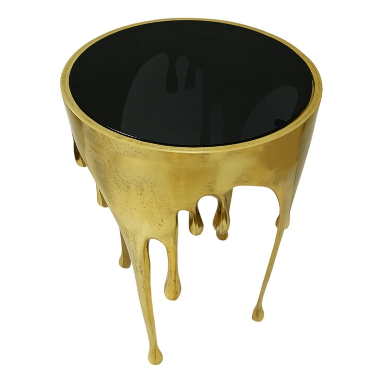 Capri Side End Table | 24.75 Inch Round Glass Top | Melting Drip Design |  Antique Gold