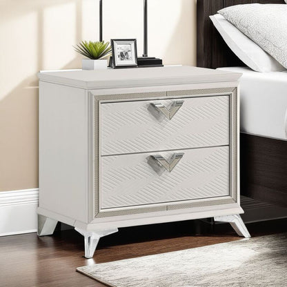 Dery Nightstand, 2 Drawers Chrome Triangle Handles, Gold White Wood