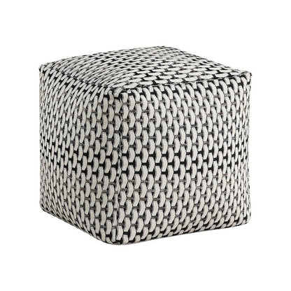 Modern Pouf Ottoman, Black White Basket Woven Jacquard, 16 Inch Square
