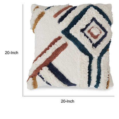Throw Pillow Set of 4, 20 Inch, Whimsical Design, Boho Style, White, Blue