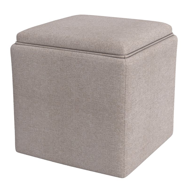 Soa Storage Ottoman, 18 Inch Square Tray Top, Light Brown Woven Fabric