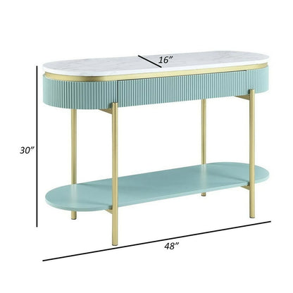 Ville 48 Inch Sofa Console Table, White Faux Marble Top, Teal Reeded Edge