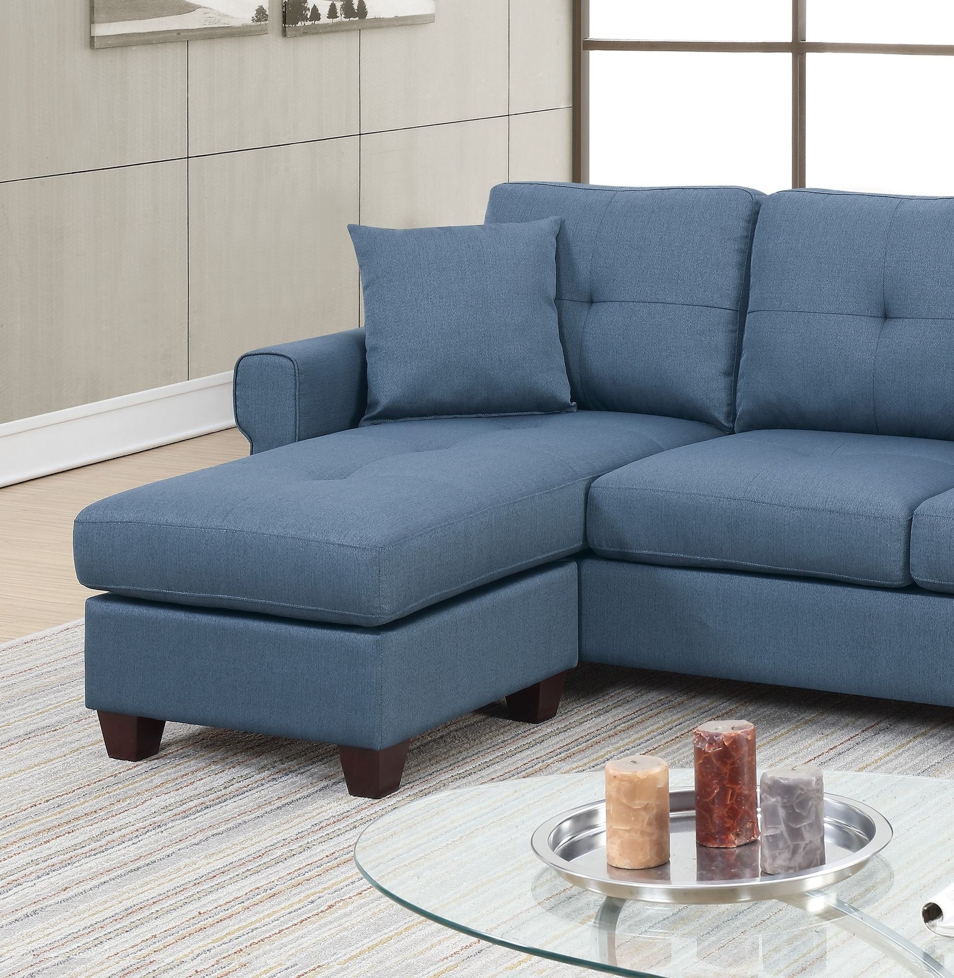 Blue Color Glossy Polyfiber Tufted Cushion Couch Sectional Sofa – photo 3 of 11