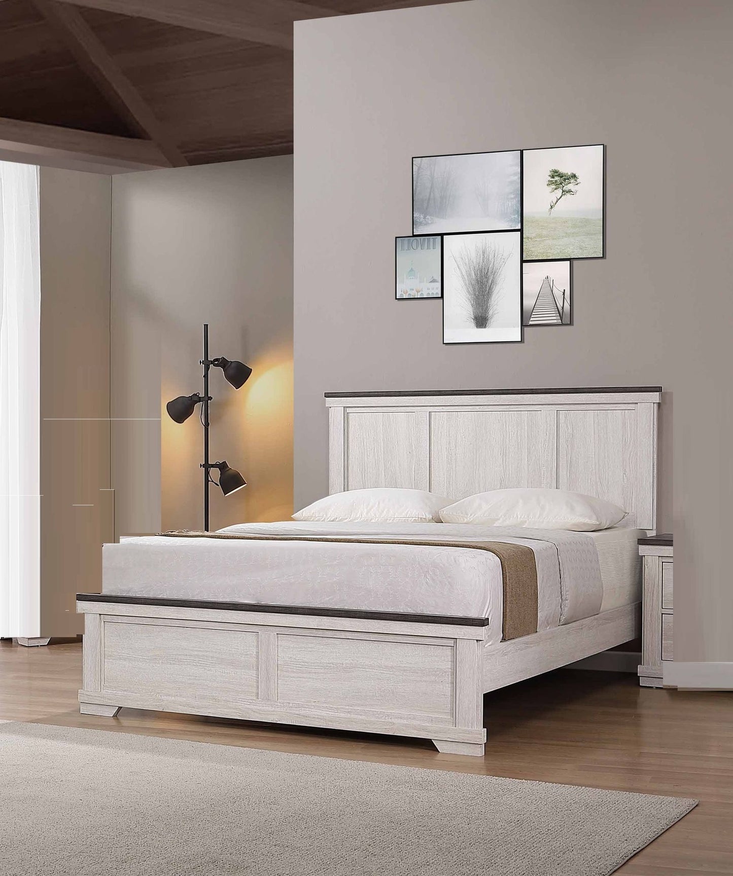 Farmhouse Rustic Style Antique White & Brown Queen Size Panel 1pc Bed – photo 2 of 5