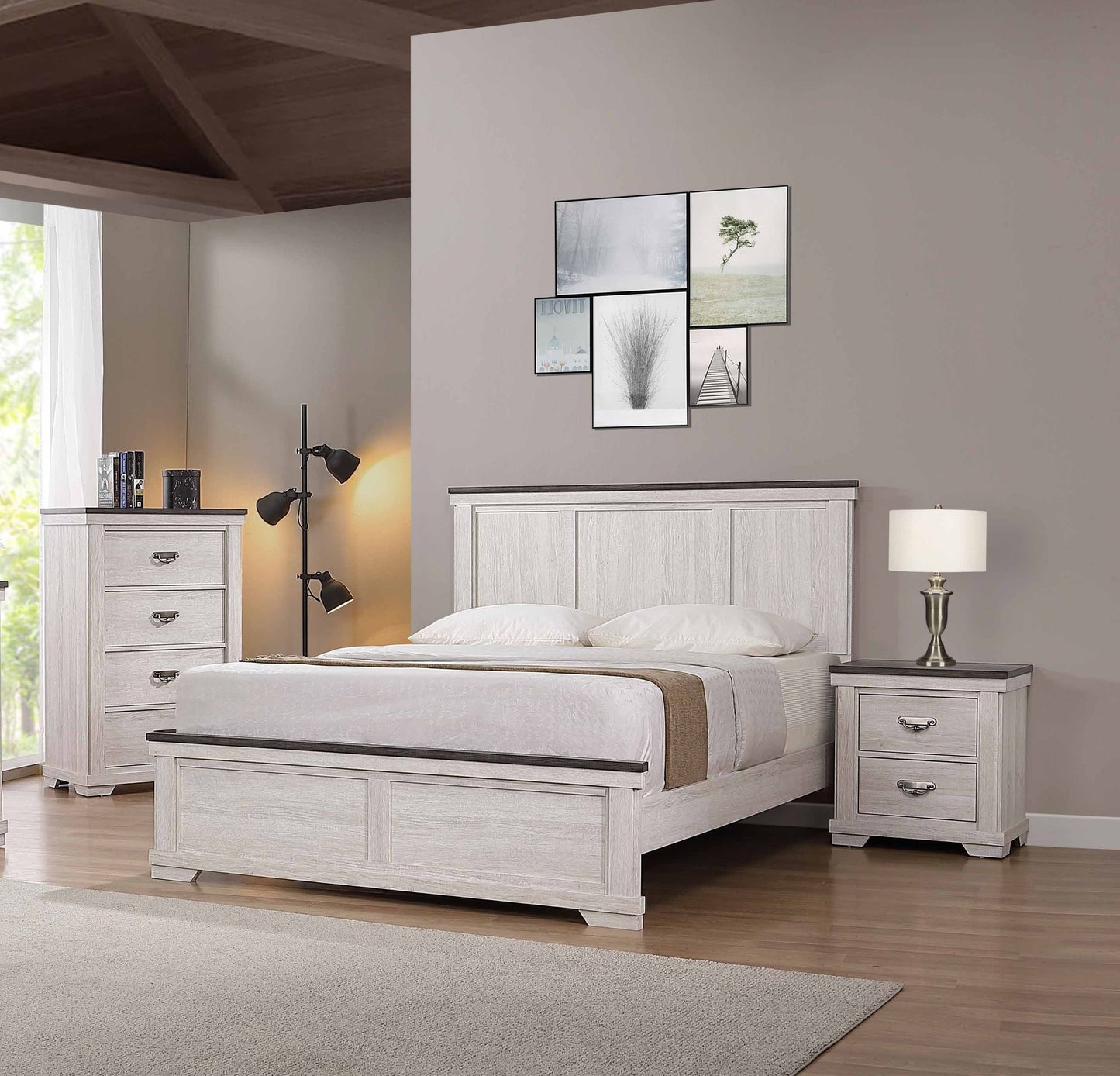 Farmhouse Rustic Style Antique White & Brown Queen Size Panel 1pc Bed – photo 4 of 5