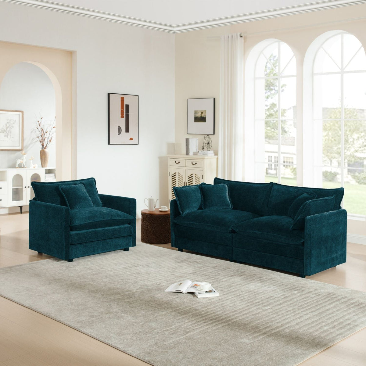 2 Seater Loveseat and Chair Set, 2 Piece Sofa & Chair Set, Loveseat and Accent Chair , 2-Piece Upholstered Chenille Sofa Living Room Couch Furniture(1+2 Seat ) , Chenille – Blue