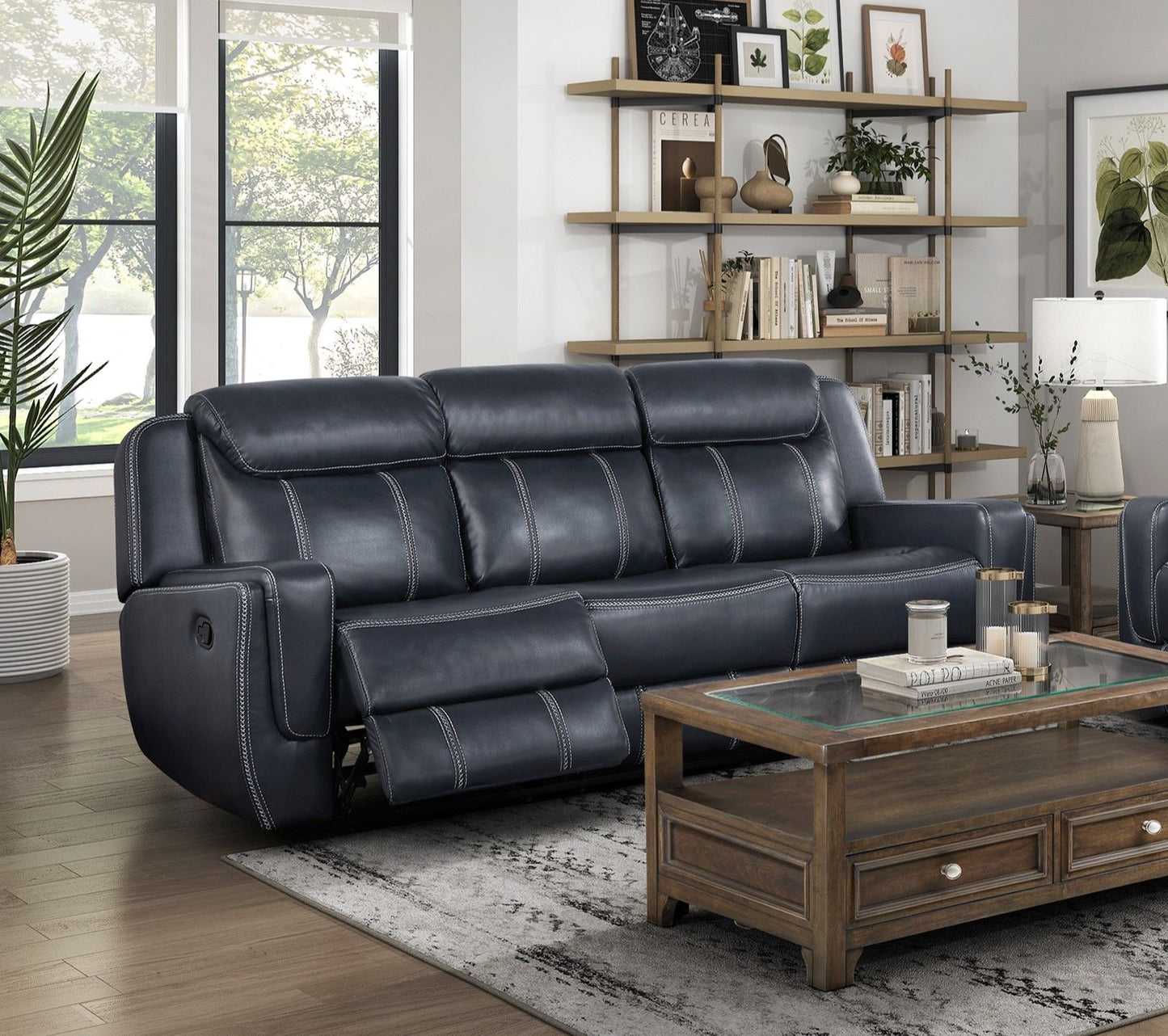 Modern Living Room Furniture 2pc Reclining Sofa Set Blue Breathable – photo 2 of 14
