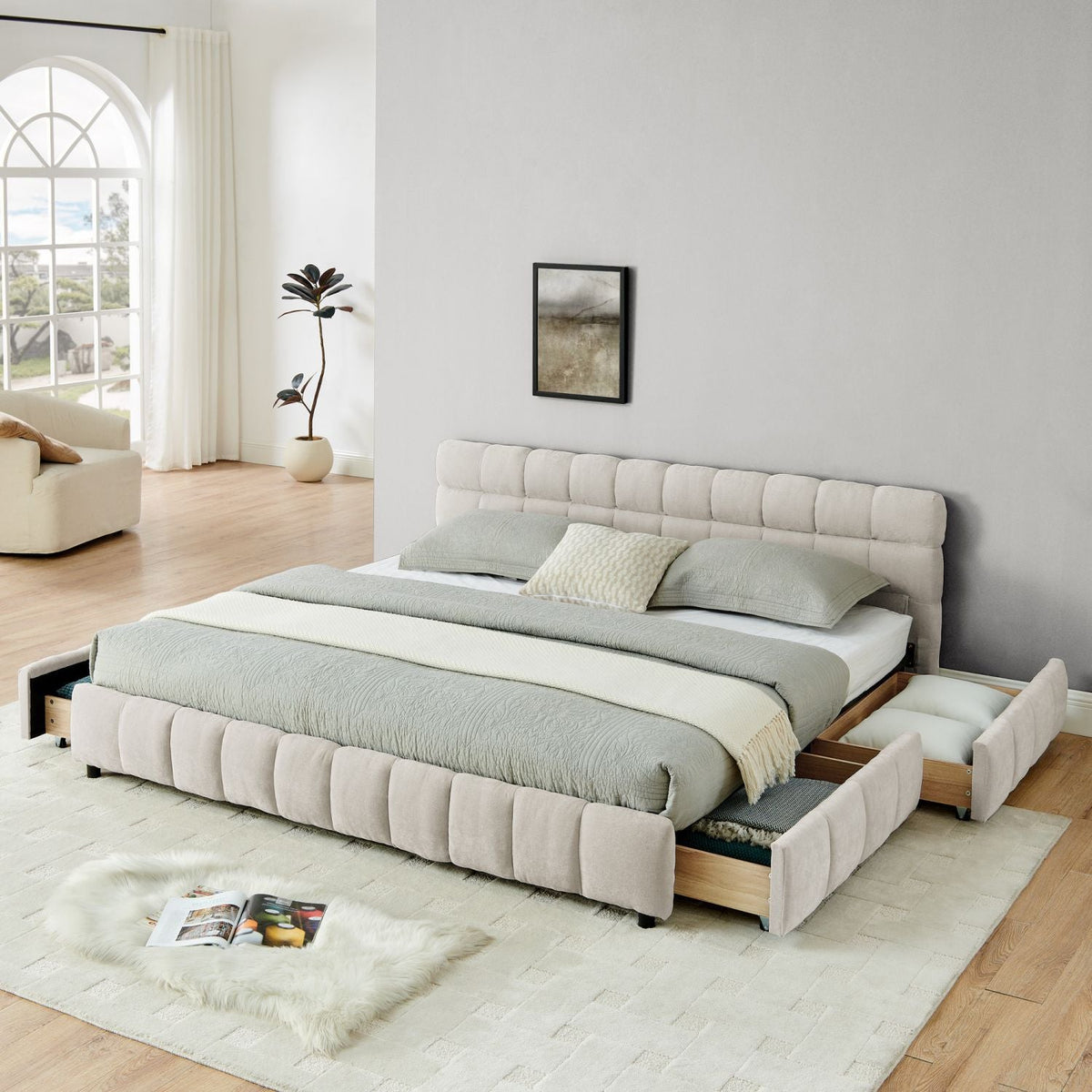 Upholstered Bed ,comfortable upholstered bed frame, Chenille fabric, with headboard and solid bed frame. With drawer for storage.- (88.5''*85.5''*31'') – Beige